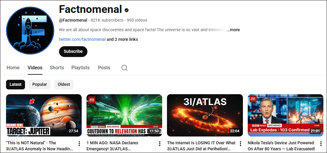 The interface of the facts YouTube channel, Factnomenal