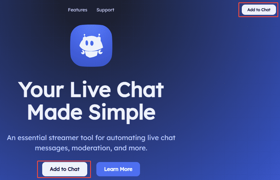 Nightbotの公式サイトで「Add to Chat」ボタンが選択された画面