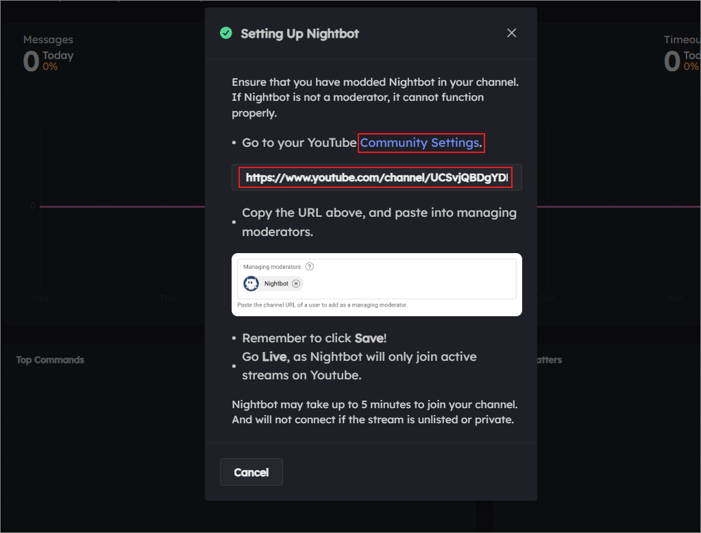 Nightbot設定画面でURLが表示された様子