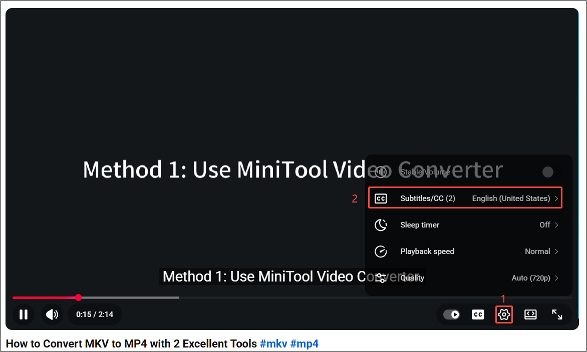 Click on the gear icon and choose Subtitles/CC on YouTube
