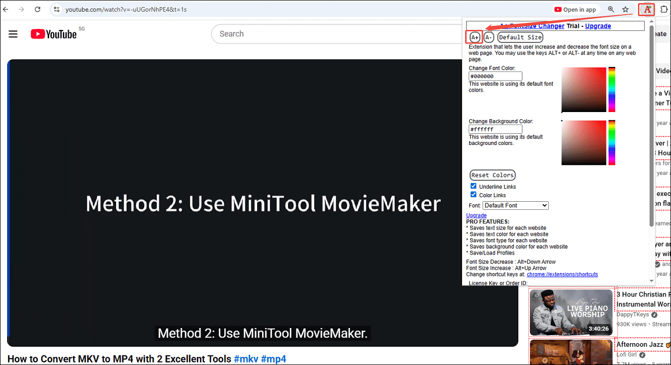 Click on A+ to make the font bigger on A+ FontSize Changer