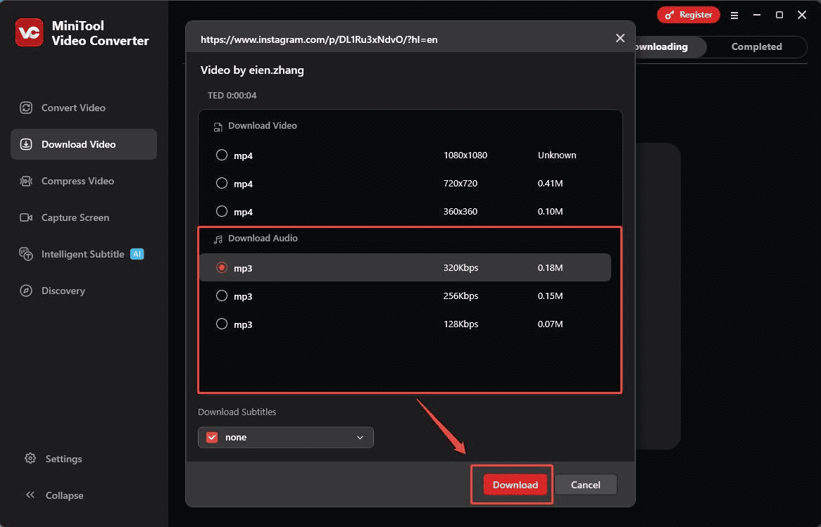 Choose the output format under Download Audio and click on Download to save the Instagram audio in MiniTool Video Converter