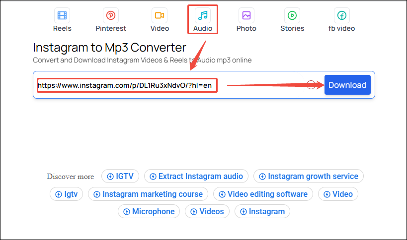 Click on Audio and paste the copied Instagram video link into the address bar, then click on Download to enter the download interface in FastVideoSave.Net