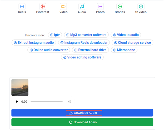Klicken Sie auf „Audio herunterladen“, um Instagram-Audio in FastVideoSave.Net zu speichern.