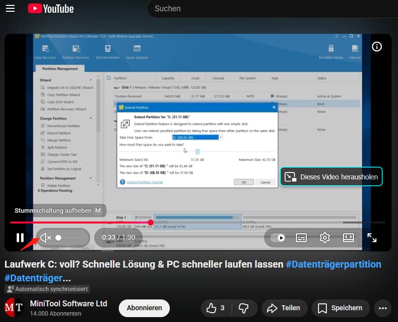 Klicken Sie oberhalb eines YouTube-Videotitels auf Stummschaltung aufheben, um das YouTube-Video zu entstummen
