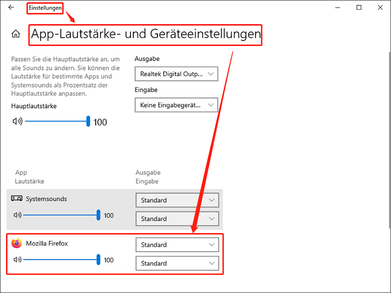Gehen Sie zu Einstellungen > System > Sound > App-Lautstärke- und Geräteeinstellungen, und ändern Sie das Ausgabegerät für Firefox auf Standard