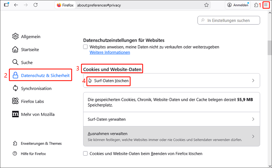 Gehen Sie zu Mehr > Einstellungen > Datenschutz & Sicherheit > Cookies und Website-Daten > Daten löschen, um die Firefox-Cookies zu löschen