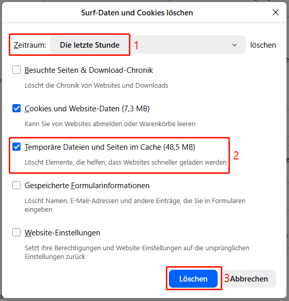 Wählen Sie den Zeitraum zum Löschen der Daten, setzen Sie ein Häkchen bei Temporäre Cache-Dateien und Seiten und klicken Sie auf Löschen, um Firefox-Daten zu löschen