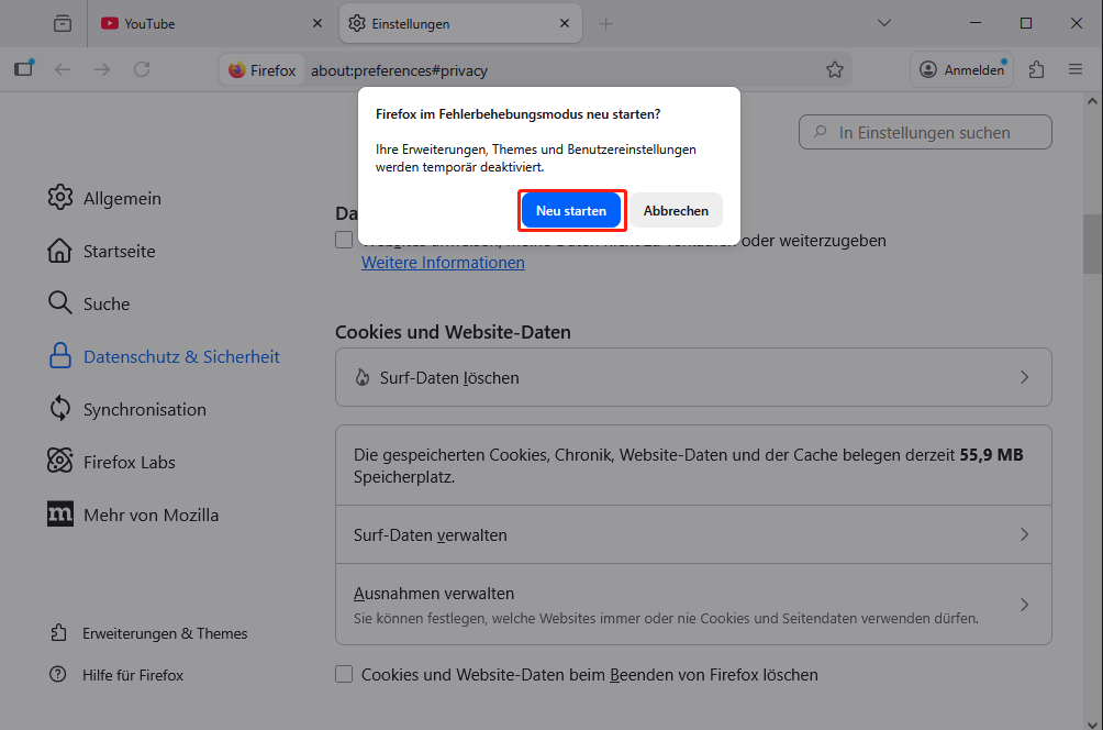 Klicken Sie auf Mehr > Hilfe > Modus zur Fehlerbehebung > Neustart, um Firefox-Erweiterungen zu deaktivieren