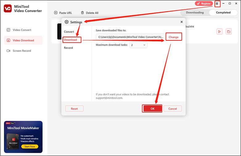 Modifiez l'emplacement de téléchargement par défaut des morceaux YouTube Music dans MiniTool Video Converter.