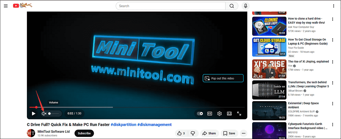 Click on Unmute above a YouTube video title to unmute the YouTube video
