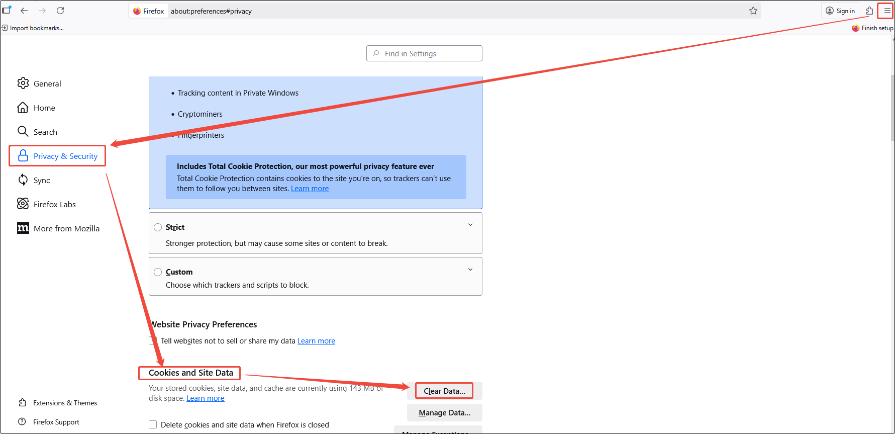 Go to More > Settings > Privacy & Security > Cookies and Site Data > Clear data to clear the Firefox cookies