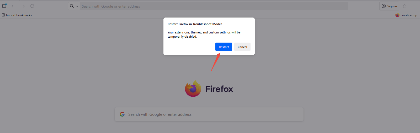Click on More > Help > Troubleshoot Mode > Restart to disable Firefox extensions