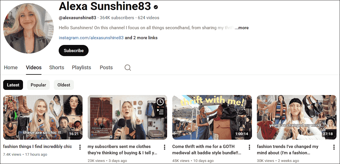 The homepage of the outfit YouTube channel, Alexa Sunshine83.