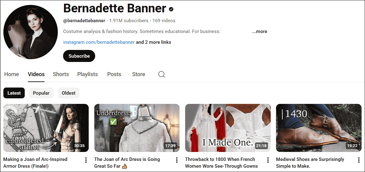 The homepage of the outfit YouTube channel, Bernadette Banner.