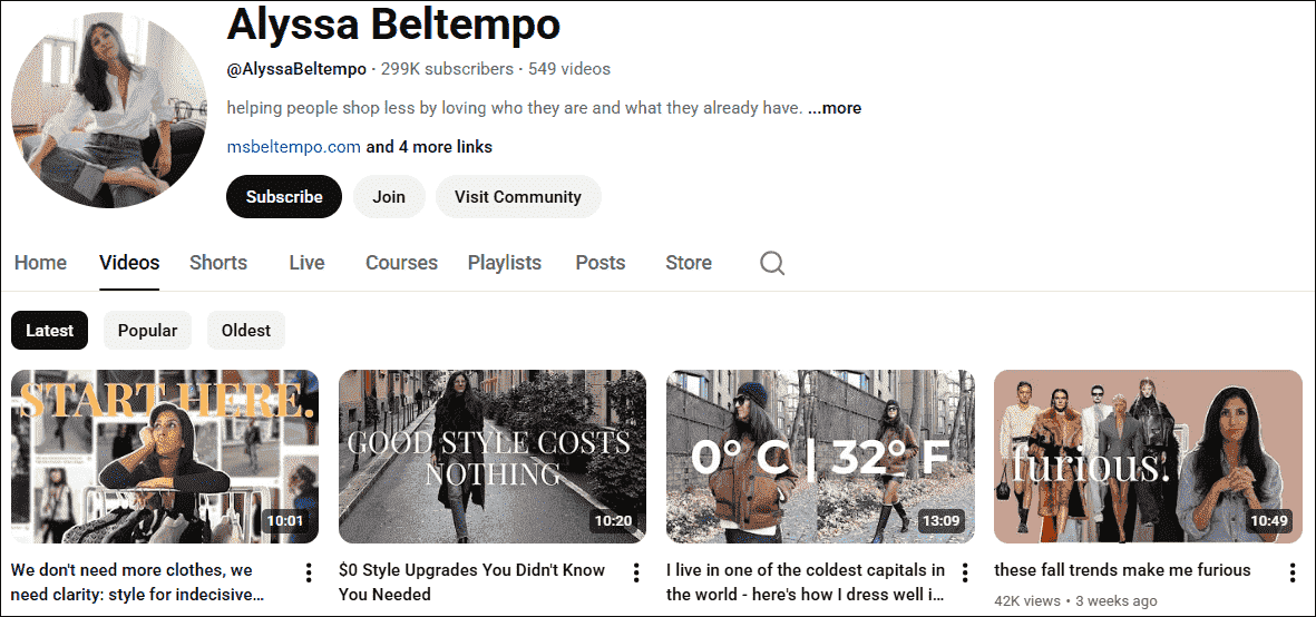 The homepage of the outfit YouTube channel, Alyssa Beltempo.
