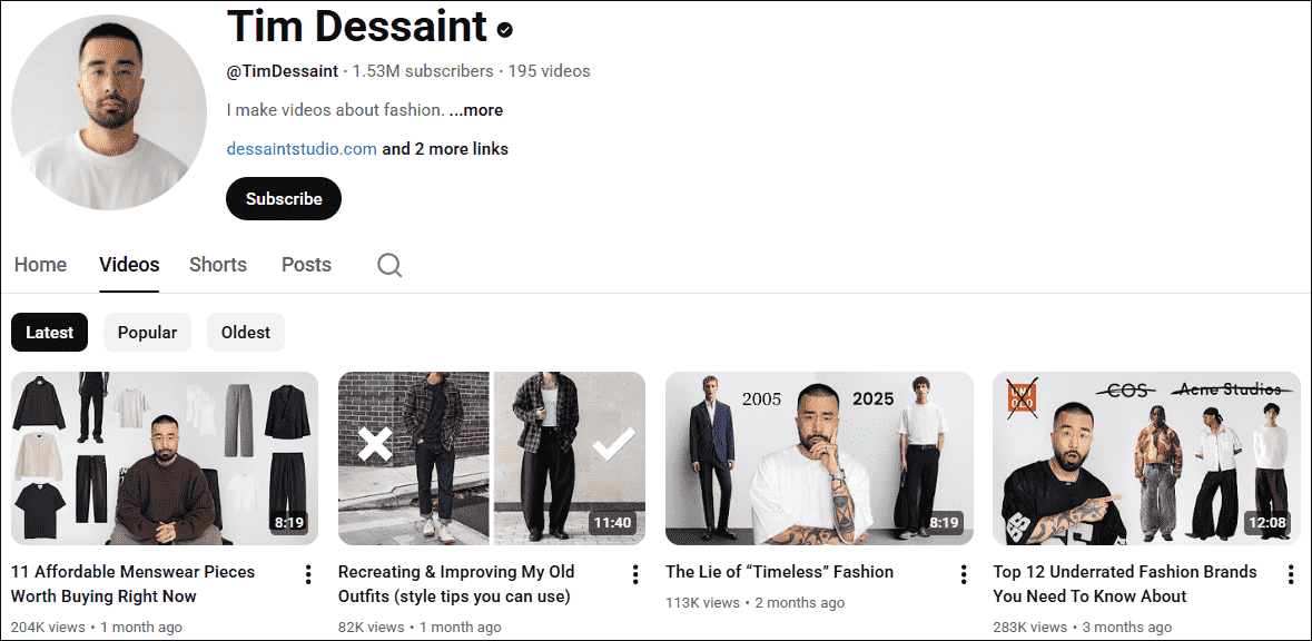 The homepage of the outfit YouTube channel, Tim Dessaint.