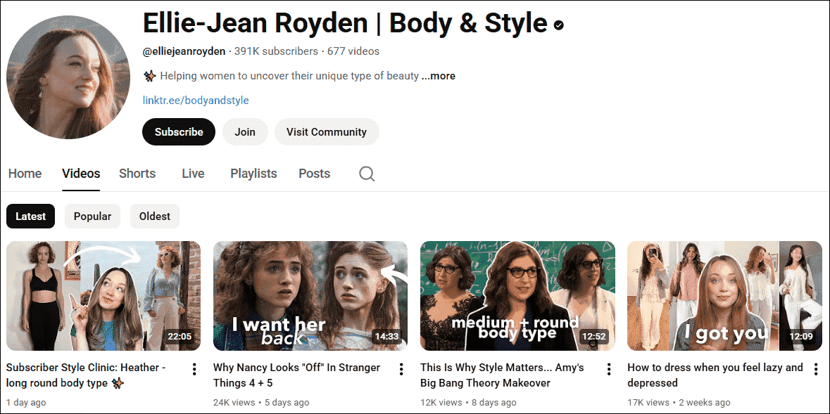 The homepage of the outfit YouTube channel, Ellie-Jean Royden | Body & Style.