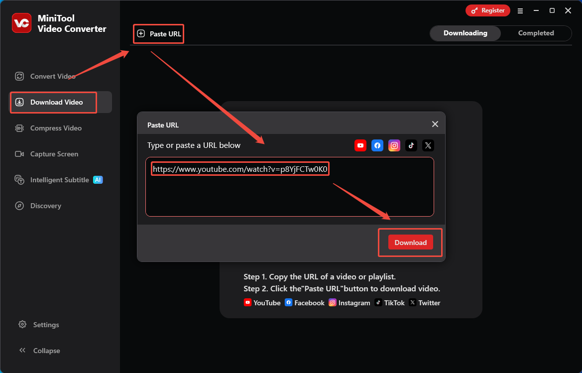The MiniTool Video Converter interface shows how to use a URL to download a video.