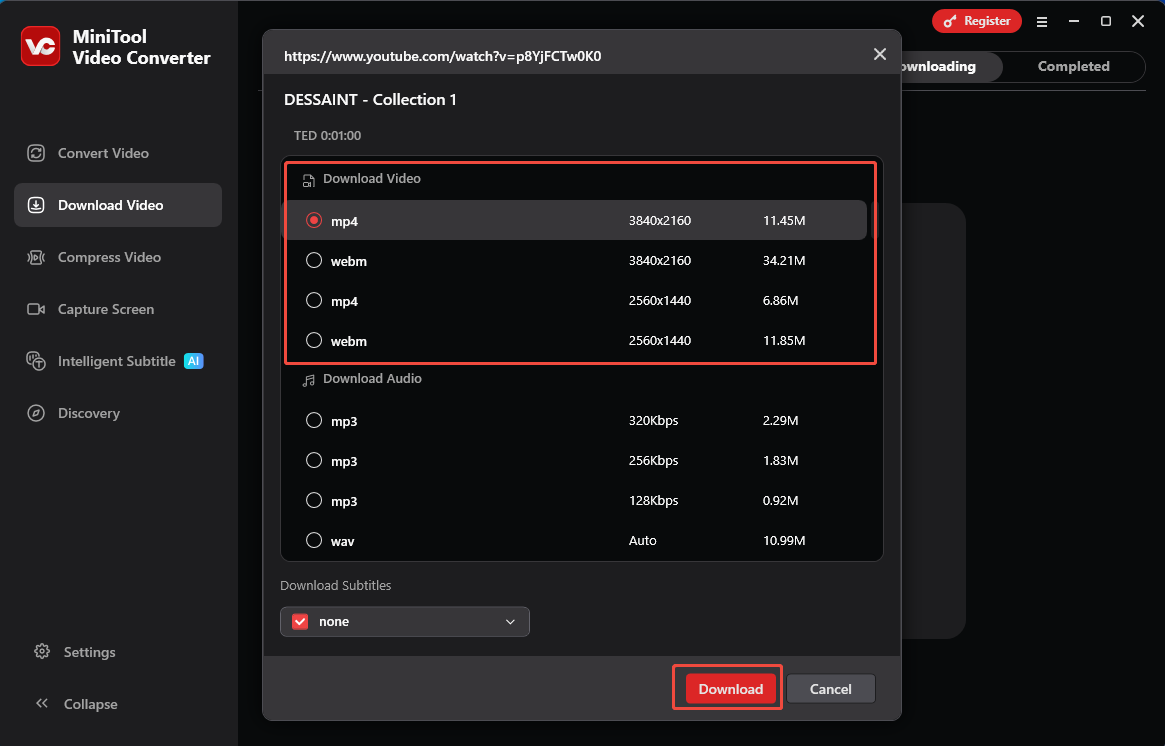 The MiniTool Video Converter interface shows how to choose the format and resolution for the video.