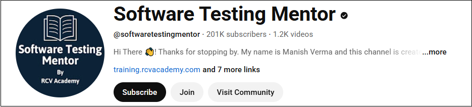 The YouTube main interface of Software Testing Mentor