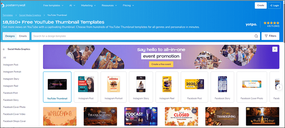 The YouTube thumbnail templates interface of Postermywall