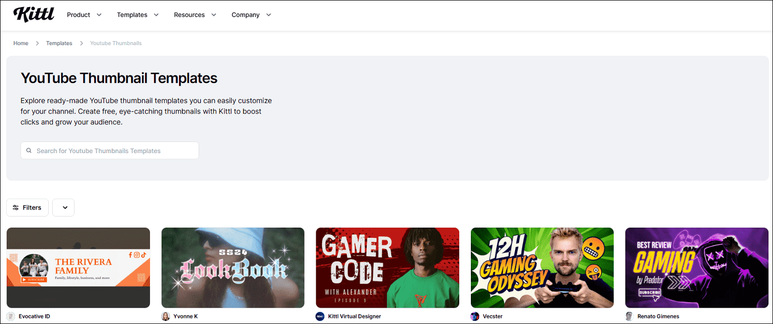 The YouTube thumbnail templates interface of Kittl