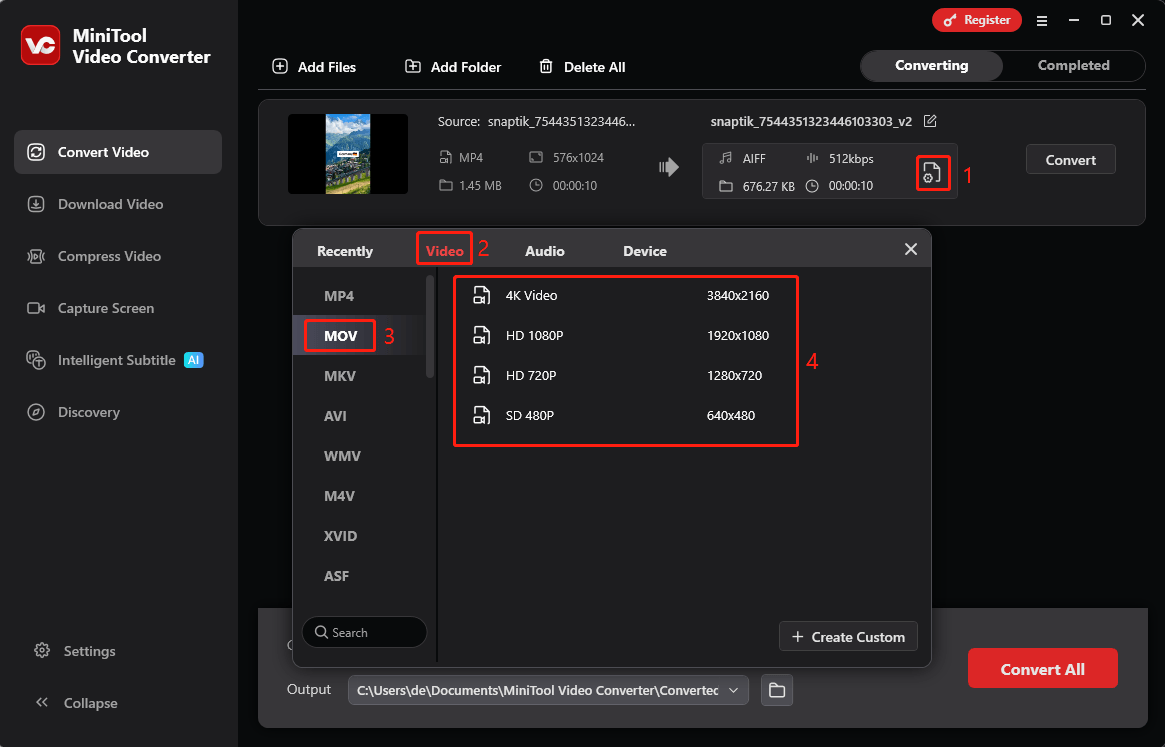 MOV-Format und Auflösung im MiniTool Video Converter
