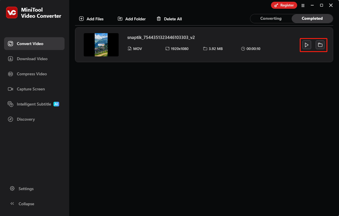 Schaltflächen Abspielen und Ordner öffnen für konvertiertes TikTok-Video