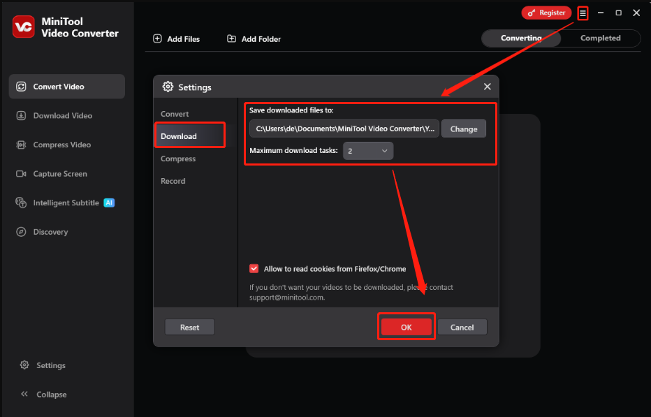 Anpassen der Download-Einstellungen im Einstellungsfenster von MiniTool Video Converter“