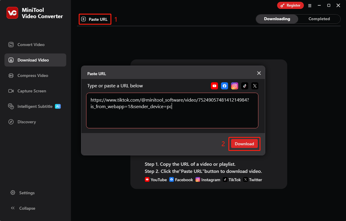 Funktion URL einfügen und Download-Schaltfläche in MiniTool Video Converter