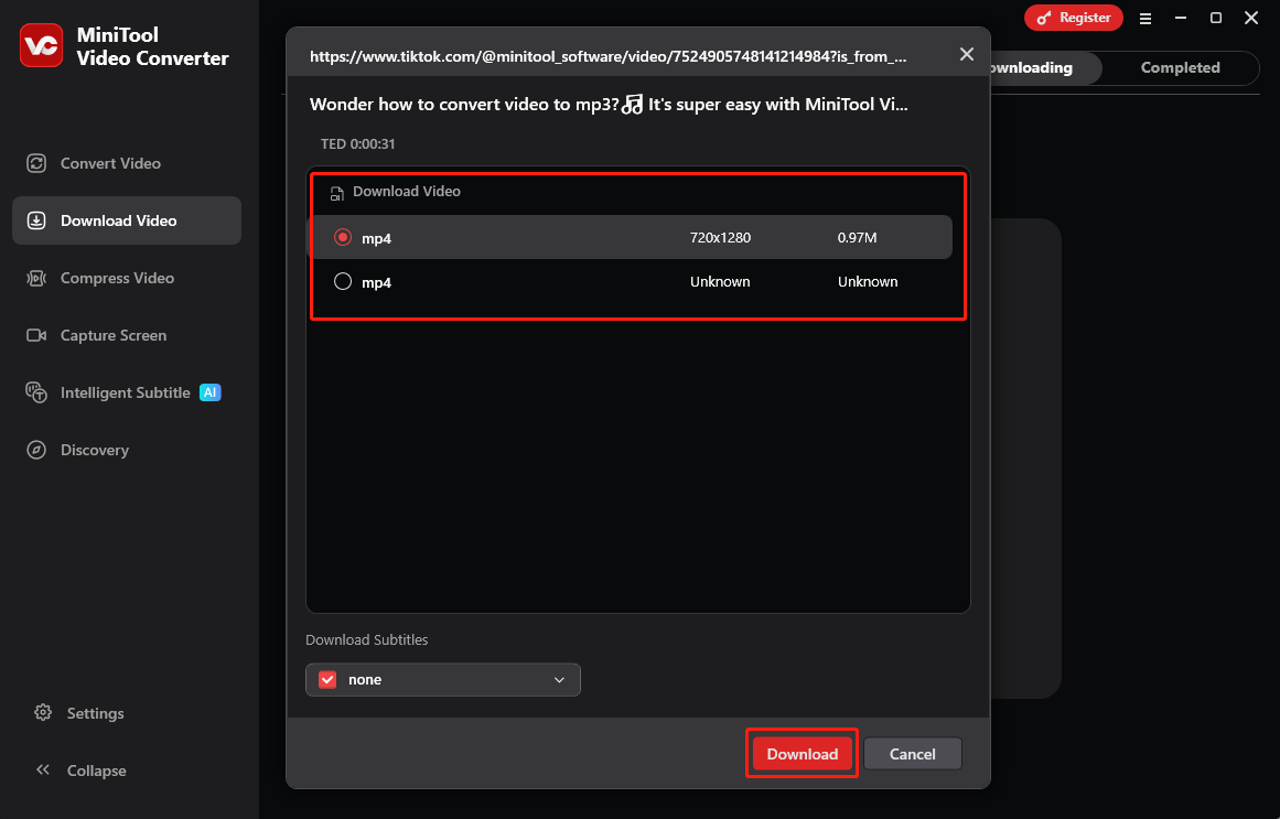 Fenster zur Auswahl der Auflösung mit Download-Schaltfläche