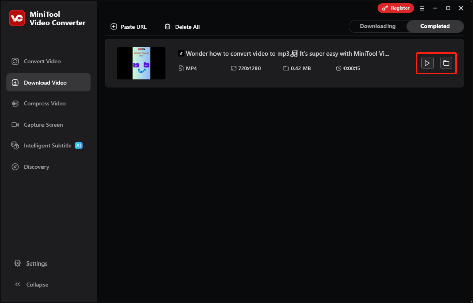 Schaltflächen Abspielen und Ordner öffnen für heruntergeladenes Video