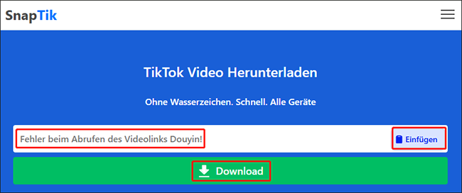 Feld zum Einfügen des kopierten TikTok-Links oder Einfügen-Taste mit Download-Option auf SnapTik