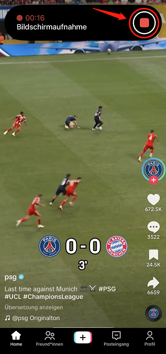 Klicken Sie auf den roten Punkt und dann auf Stopp, um die Aufnahme auf dem iPhone zu beenden.