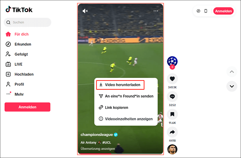 Wählen Sie „Video herunterladen“, um das Video über die TikTok-Website zu speichern.