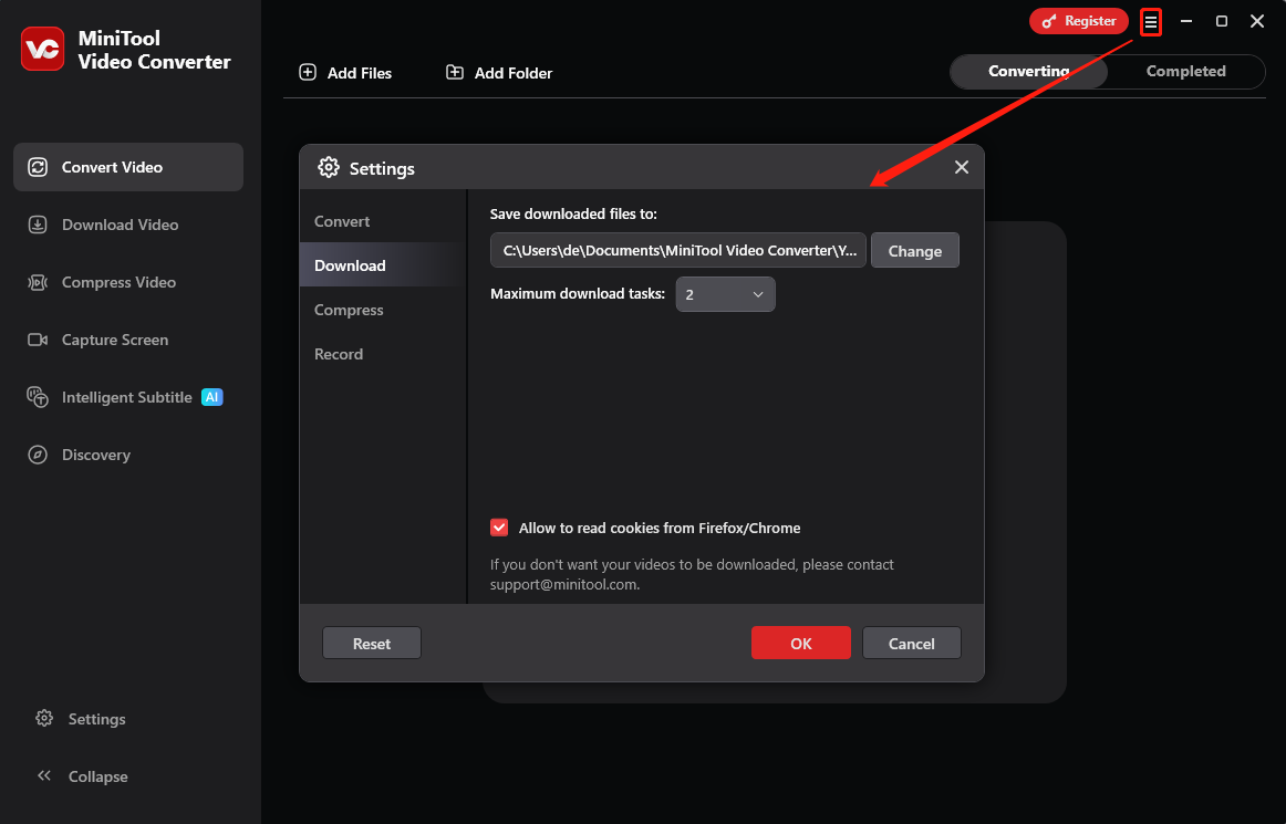 Passen Sie den Speicherordner und die maximale Anzahl gleichzeitiger Downloads in den Einstellungen von MiniTool Video Converter an.