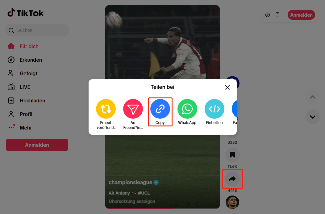 Klicken Sie auf das Teilen-Symbol und dann auf Kopieren, um den Videolink auf TikTok zu kopieren.