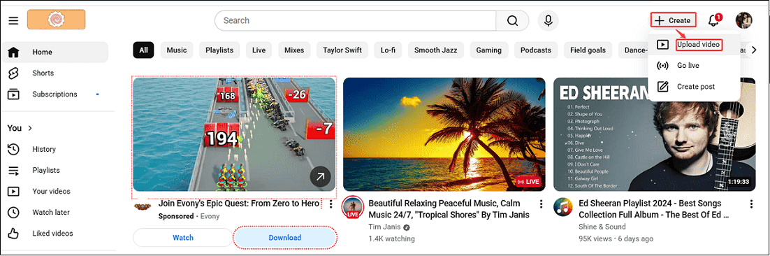 Click on Create > Upload video to upload your 360 video to YouTube