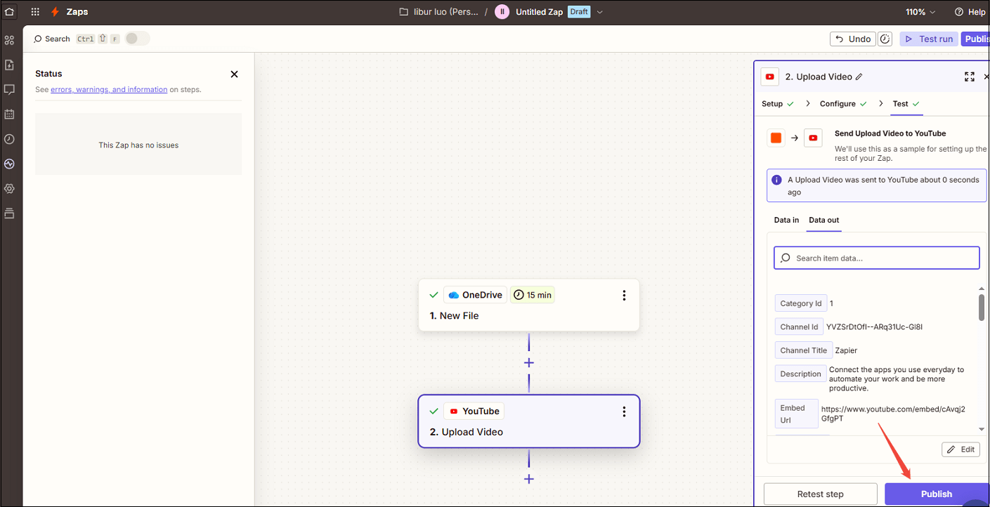 Click on Publish to upload the OneDrive video to YouTube