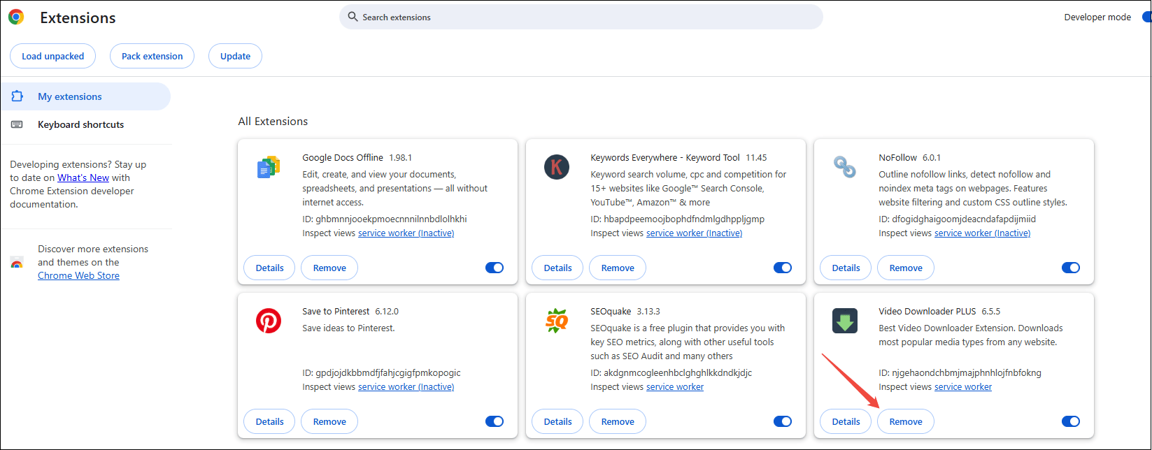 Click on Remove to reinstall the Video Downloader Plus extension