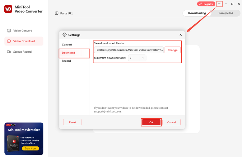 Personnalisez vos paramètres de pré-téléchargement en cliquant sur l'icône des trois lignes horizontales, en sélectionnant Paramètres, puis en accédant à l'onglet Téléchargement dans MiniTool Video Converter.