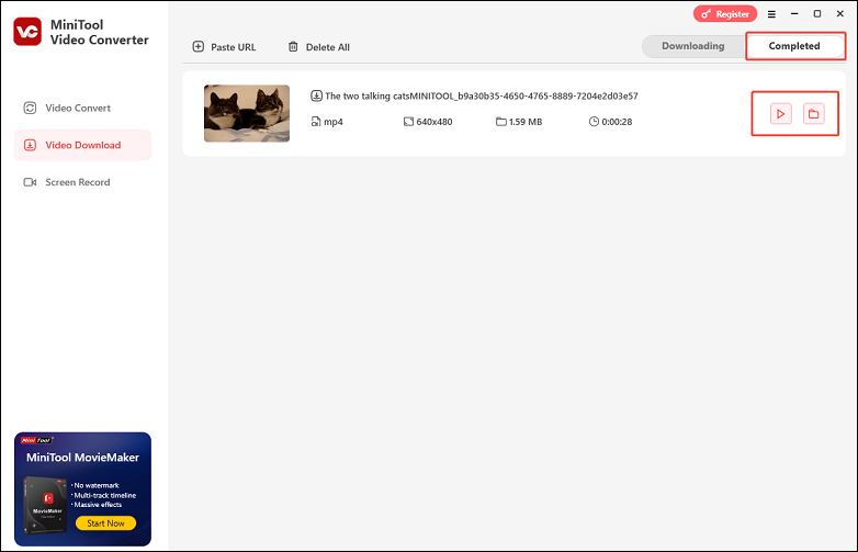 Cliquez sur l'icône de lecture ou sur l'icône de dossier sous l'onglet Terminé dans MiniTool Video Converter.