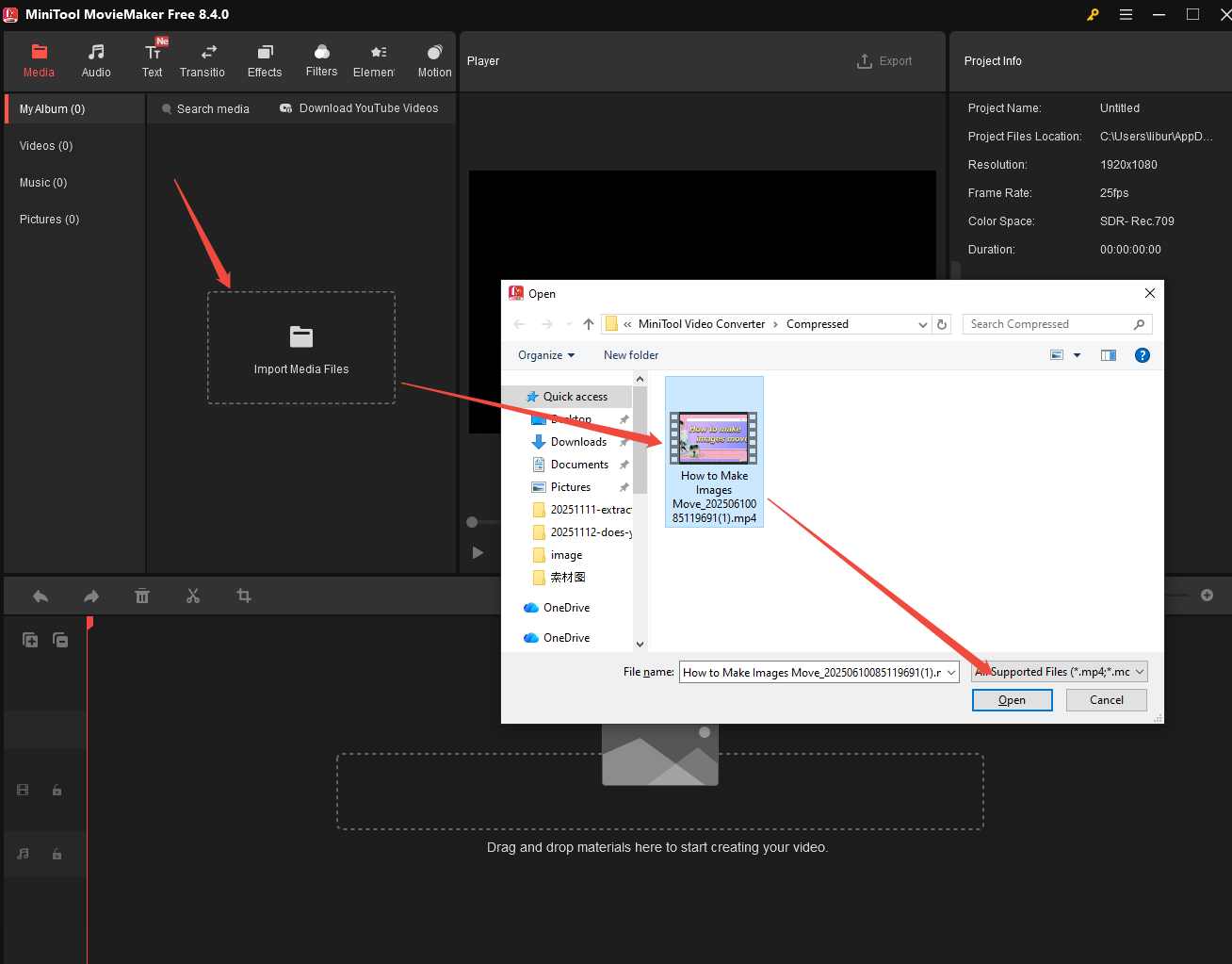 Click on Import Media Files, find the dark video, and click on Open to import it to MiniTool MovieMaker