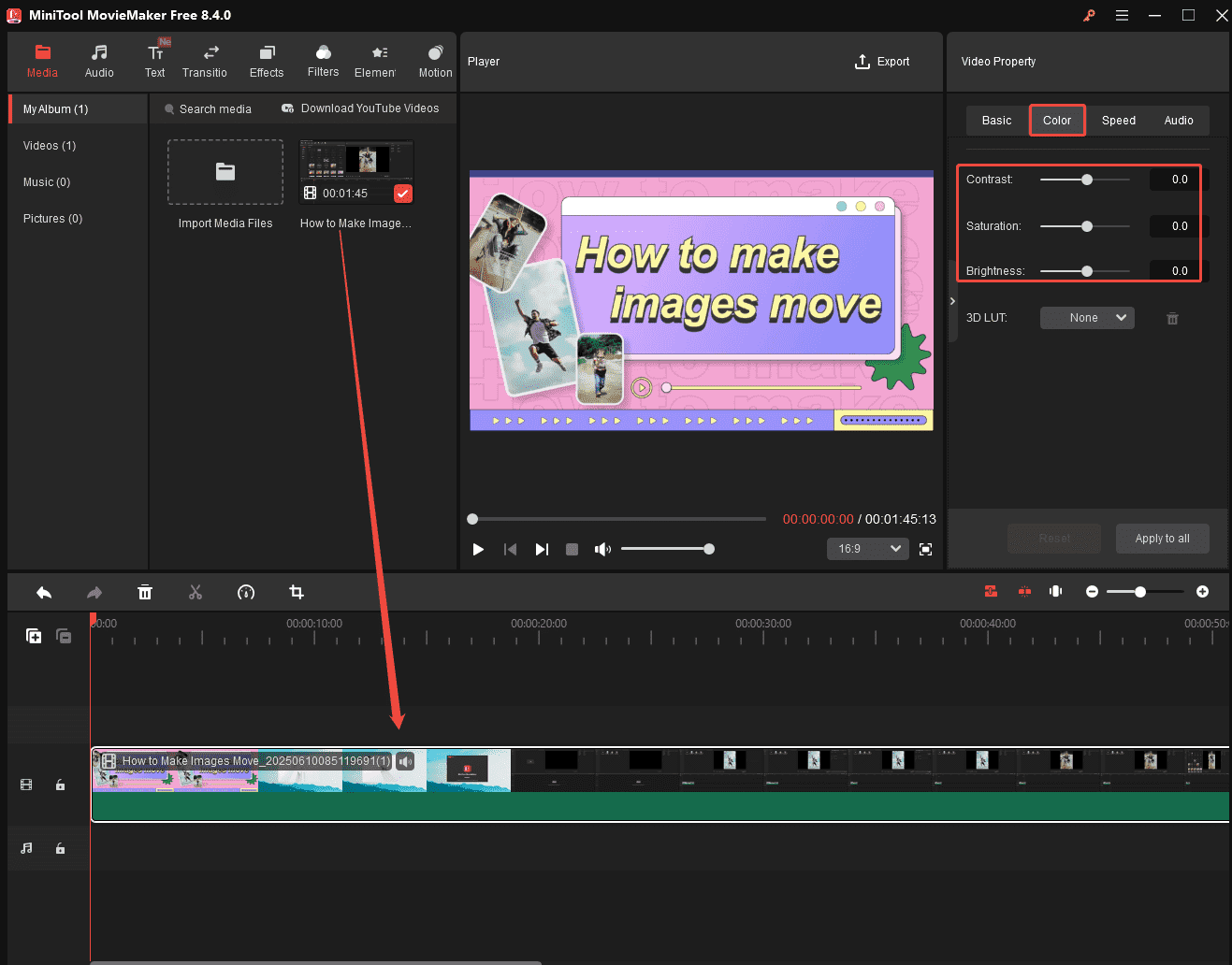 Drag and drop the video to the timeline and click on Color to adjust the contrast, saturation, and brightness in MiniTool MovieMaker