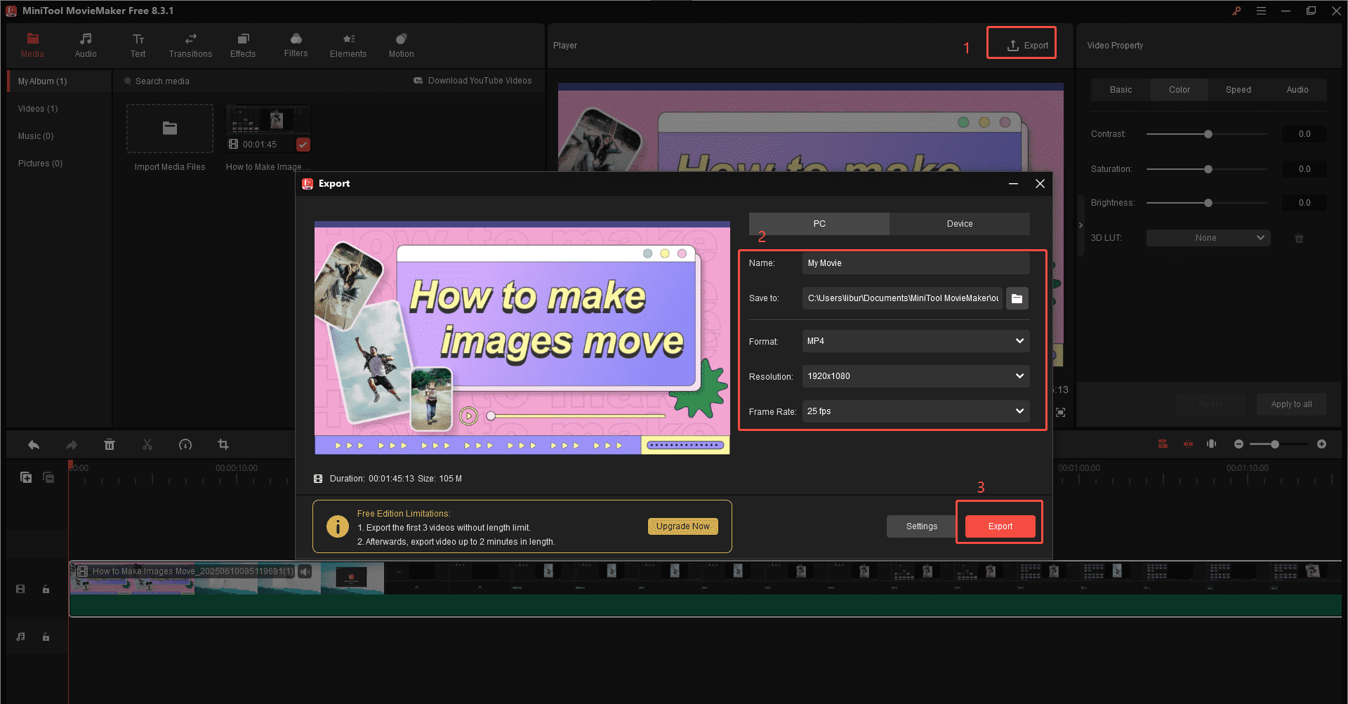 Click on Export, configure export settings, and click on Export to export the bright video in MiniTool MovieMaker