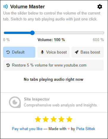 Adjust the YouTube ads volume with Volume Master