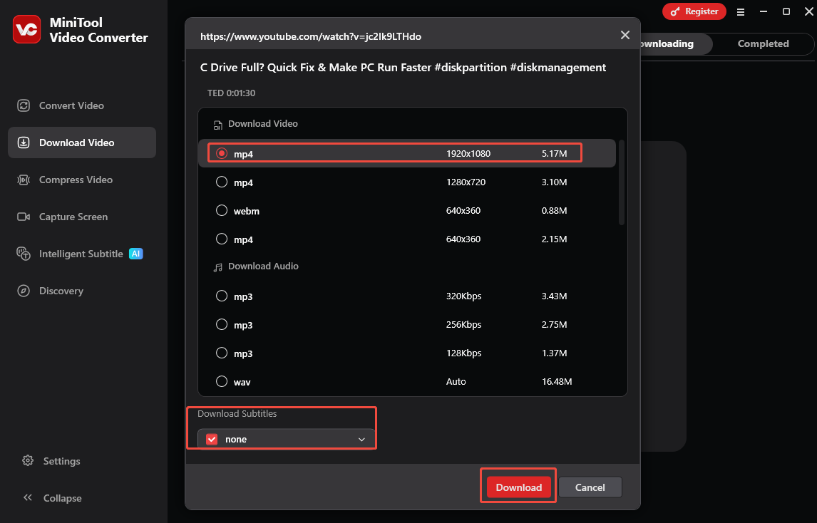 Choose an output format, decide whether to download subtitles, and click on Download to download YouTube videos in MiniTool Video Converter