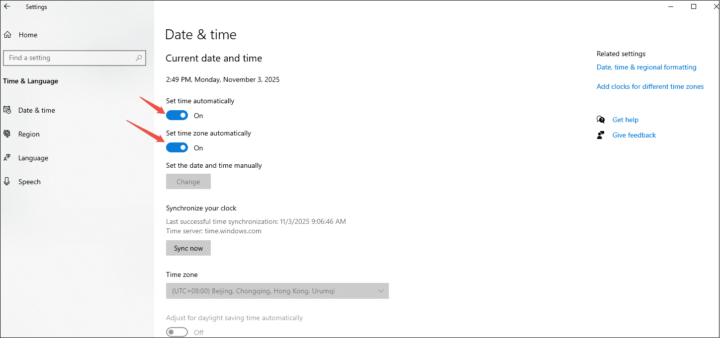Enable both Set time automatically and Set time zone automatically on the Settings window
