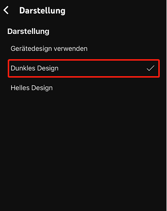 Wählen Sie die Option Dunkles Design.